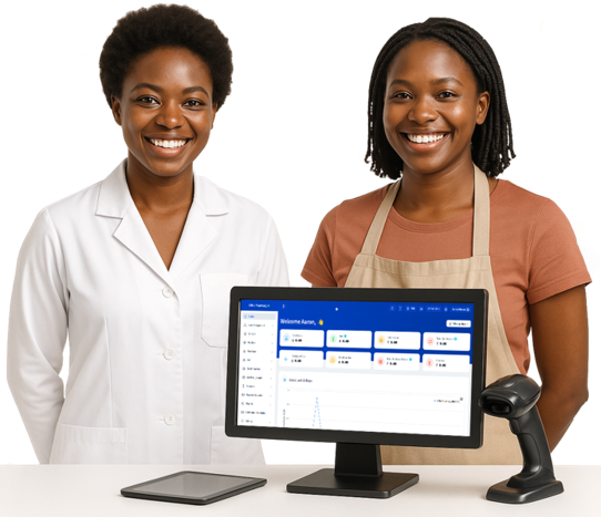 Two African women, one a pharmacist and the other a departmental store owner standing together behind a computer monitor with OffixPOS inventory software displayed on it
